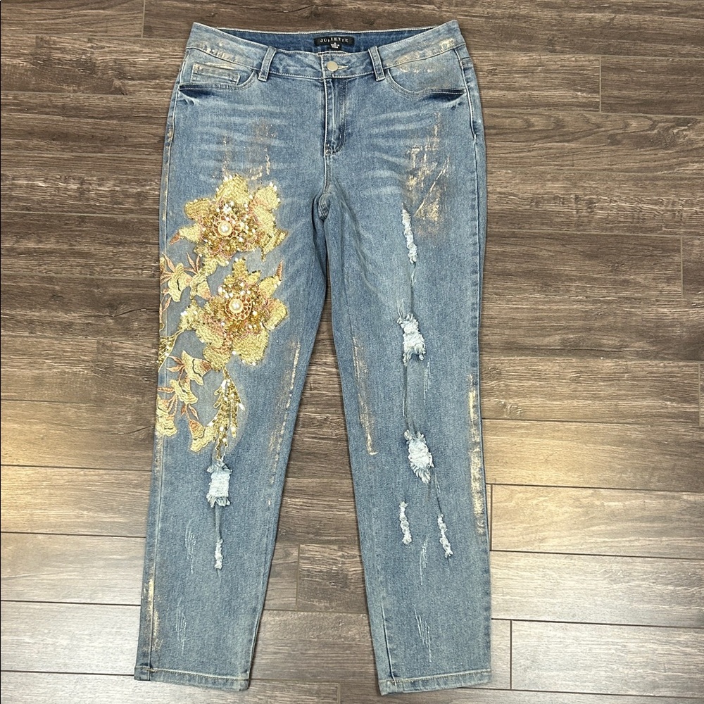 Juliette‎ Women’s 6 Embroidered Sequin Floral Distressed Jeans Pearl Applique